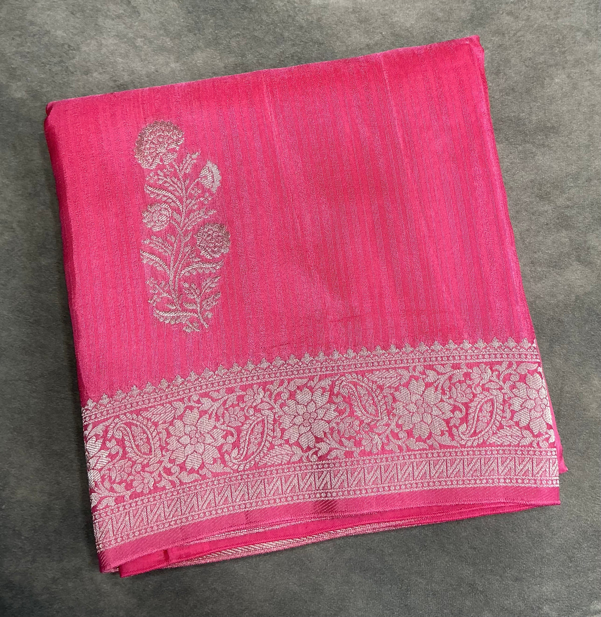 Semi Banarasi Saree Pink Color with Silver Zari Design Border