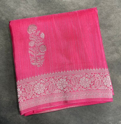 Semi Banarasi Saree Pink Color with Silver Zari Design Border