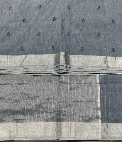 Silk Cotton Saree Greyish Blue Colour with Silver Zari Border
