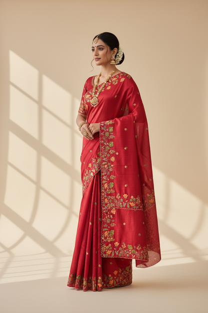 Red Color Tussar Saree with Embroidered Border