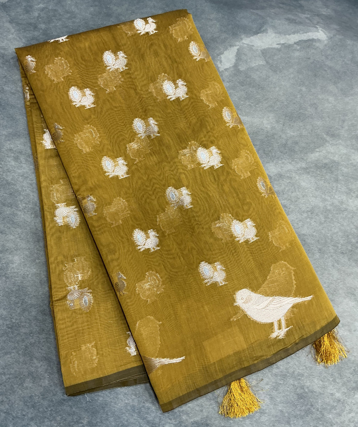 Silk Cotton Saree Mustard Colour with Peacock and Sparrow Butta