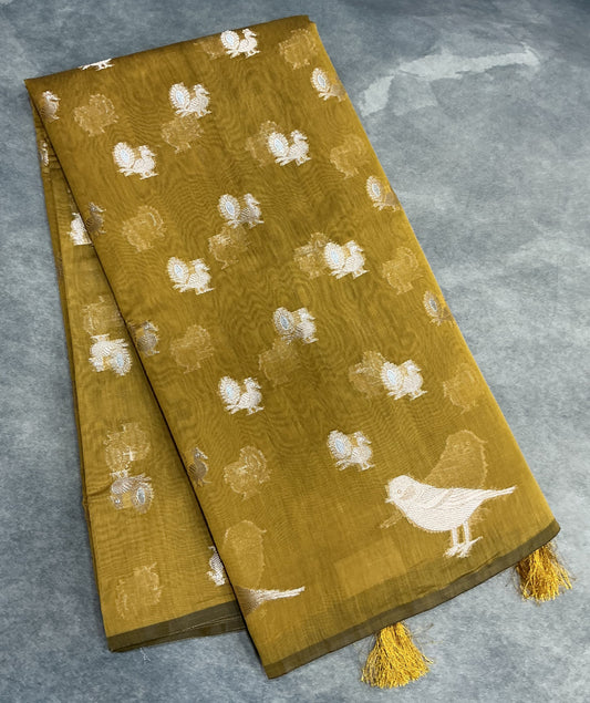 Silk Cotton Saree Mustard Colour with Peacock and Sparrow Butta