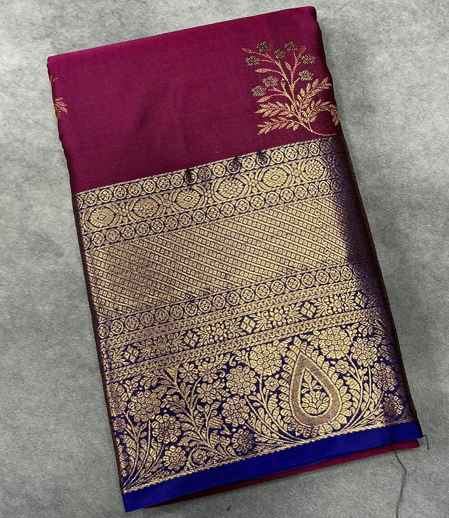 Maroon Color Vegan Silk saree with Blue Color with Floral Design border