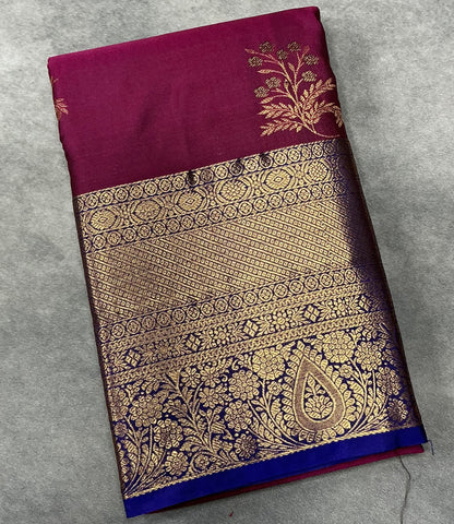 Maroon Color Vegan Silk saree with Blue Color with Floral Design border