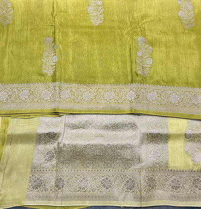 Semi Banarasi Saree Apple Green Color with Silver Zari Design Border