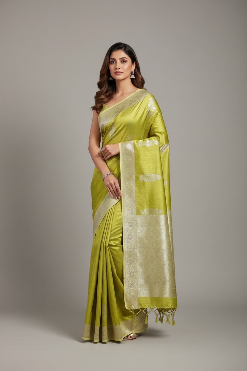 Semi Banarasi Saree Apple Green Color with Silver Zari Design Border