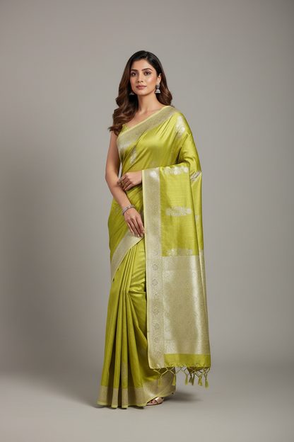 Semi Banarasi Saree Apple Green Color with Silver Zari Design Border