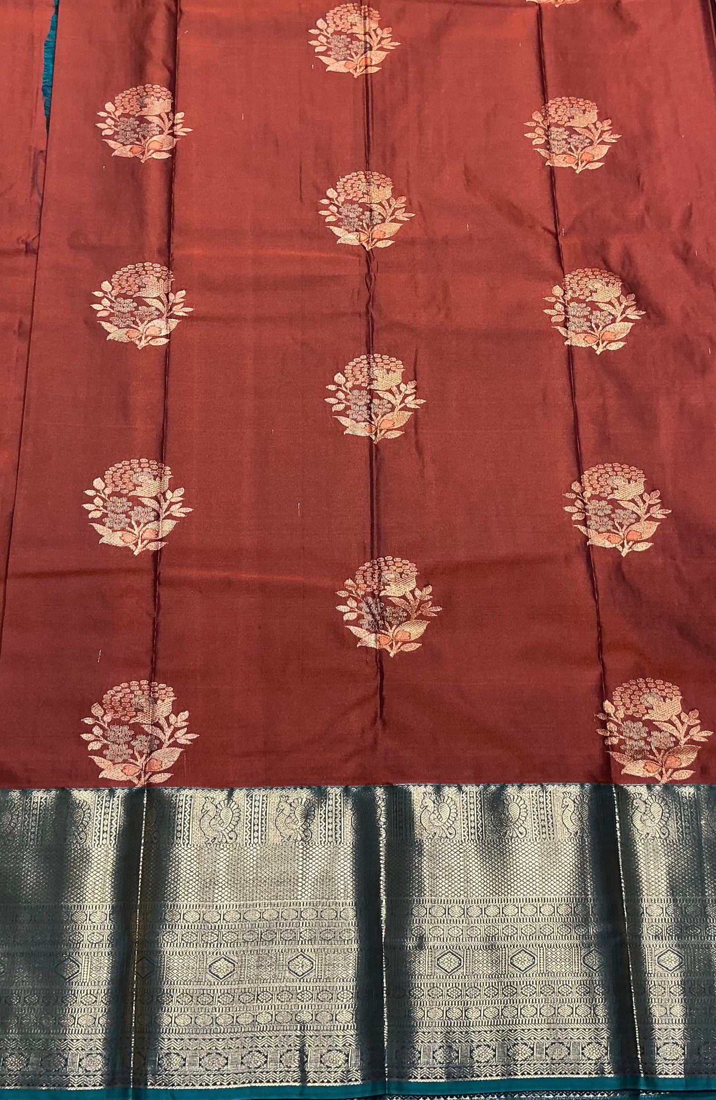 Rust Brown Vegan Silk saree with multi colour motifs contrast saree