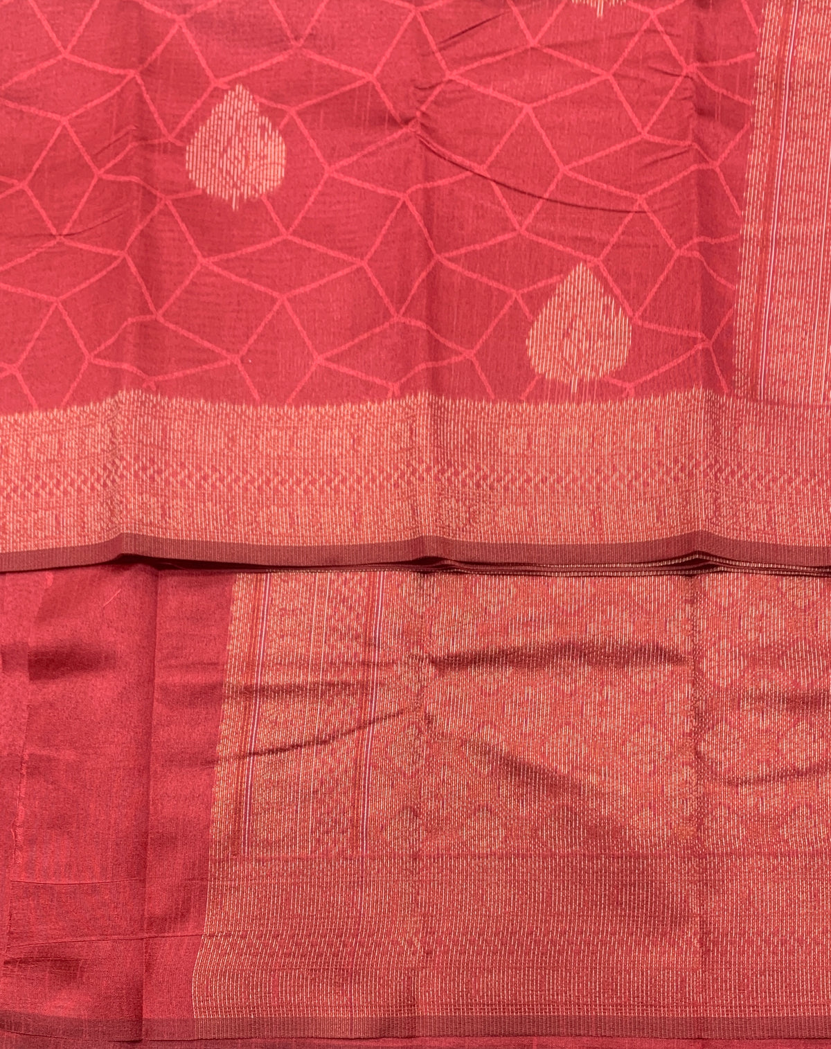 Tomato Pink Colour Jute Silk Saree with Leaf Butta and Zari Border