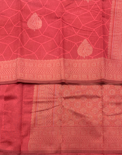 Tomato Pink Colour Jute Silk Saree with Leaf Butta and Zari Border