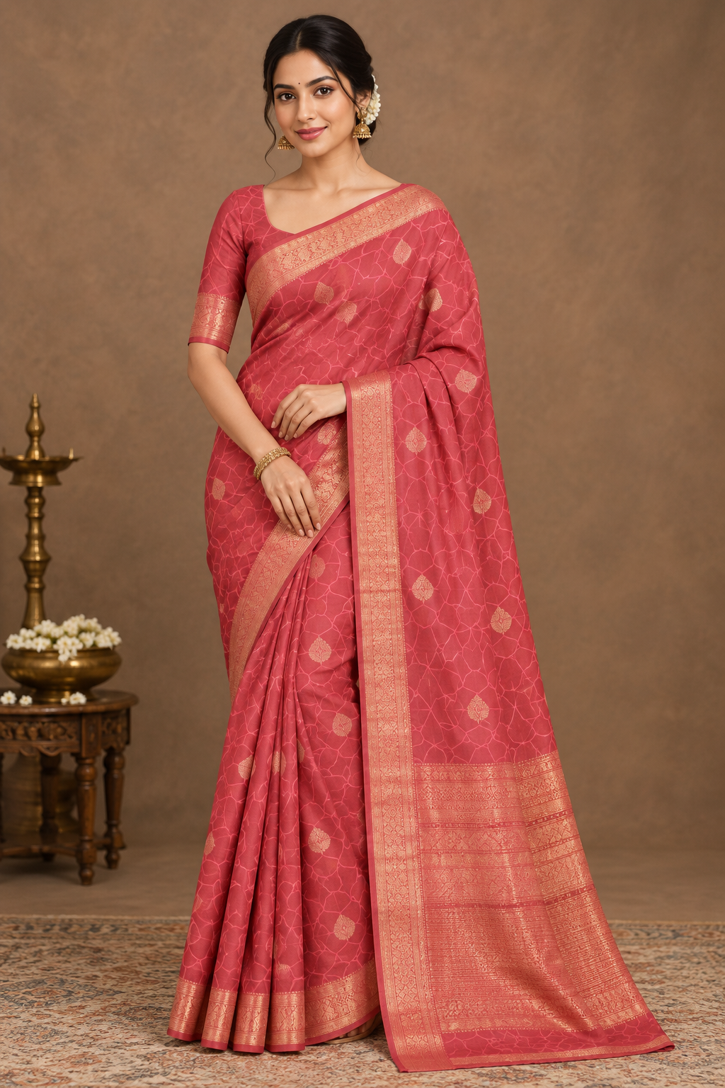 Tomato Pink Colour Jute Silk Saree with Leaf Butta and Zari Border