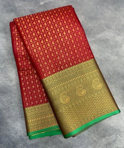 Kanchi Style Art Silk Saree – Maroon with Light Green Border and 1000 Butta