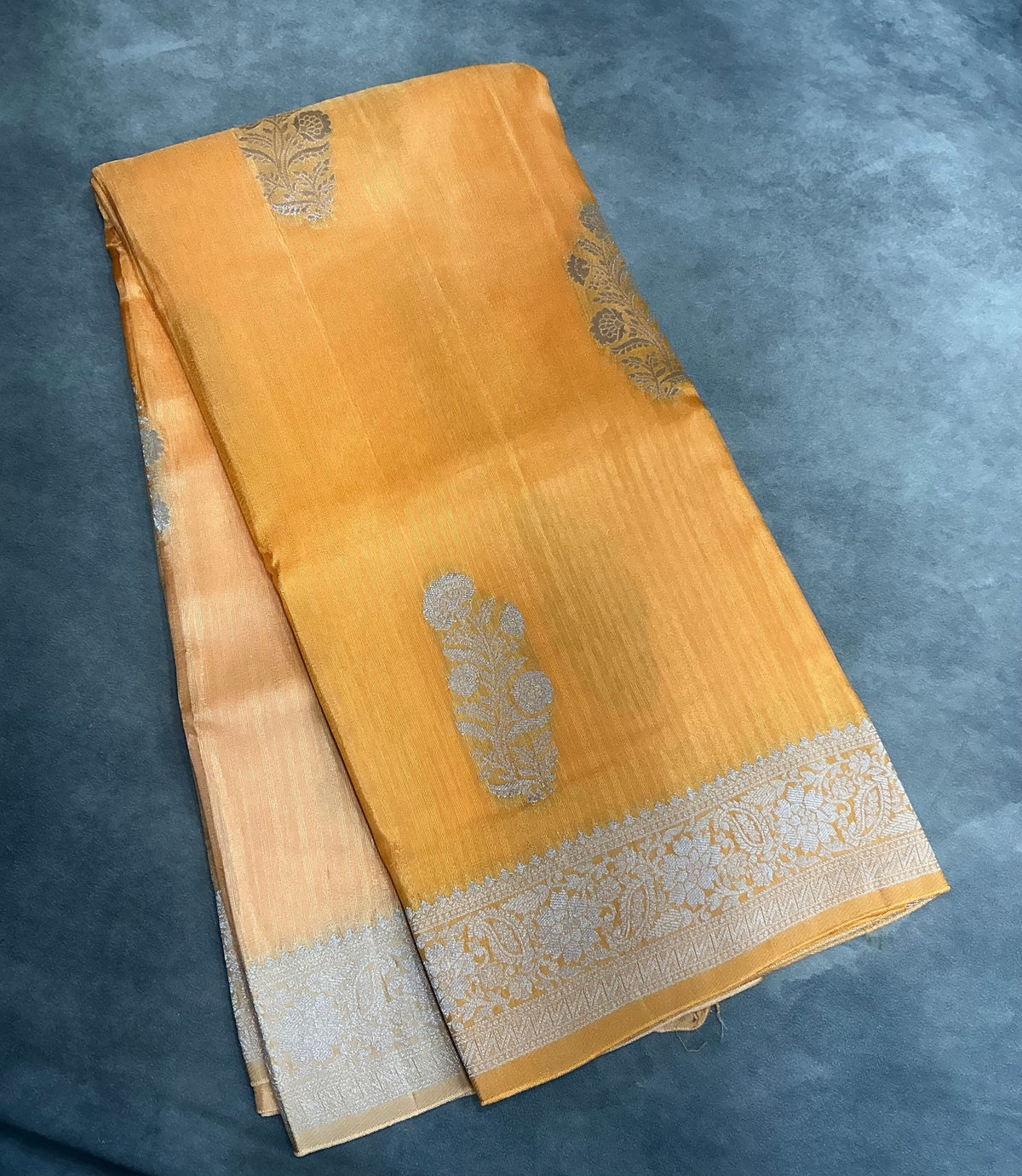Semi Banarasi Saree Mango Yellow Color with Silver Zari Design Border
