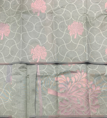 Pista Green Colour Jute Silk Saree with Flower Butta, Borderless