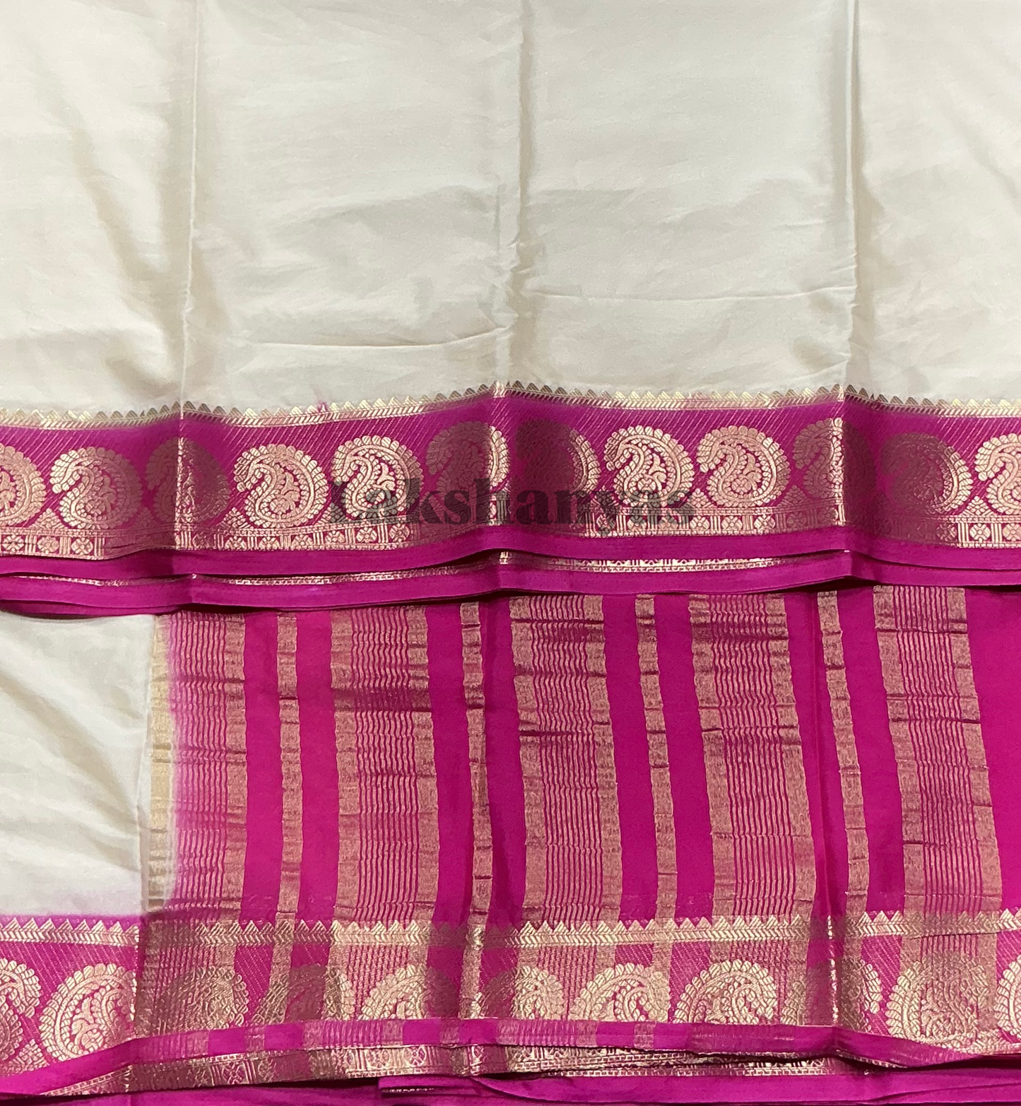 Ivory Colour Mysore Crepe Saree with Pink Mango Border