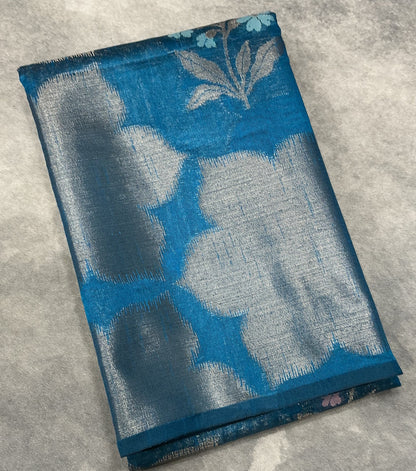 Peacock Blue Colour Chanderi Silk Saree, Borderless