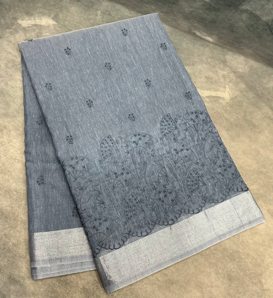 Silk Cotton Saree Greyish Blue Colour with Silver Zari Border