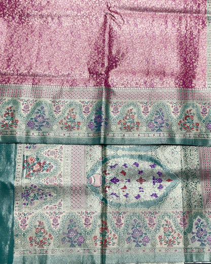 Pink Color Tissue Saree with contrast Rama Green Color border