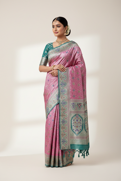Pink Color Tissue Saree with contrast Rama Green Color border