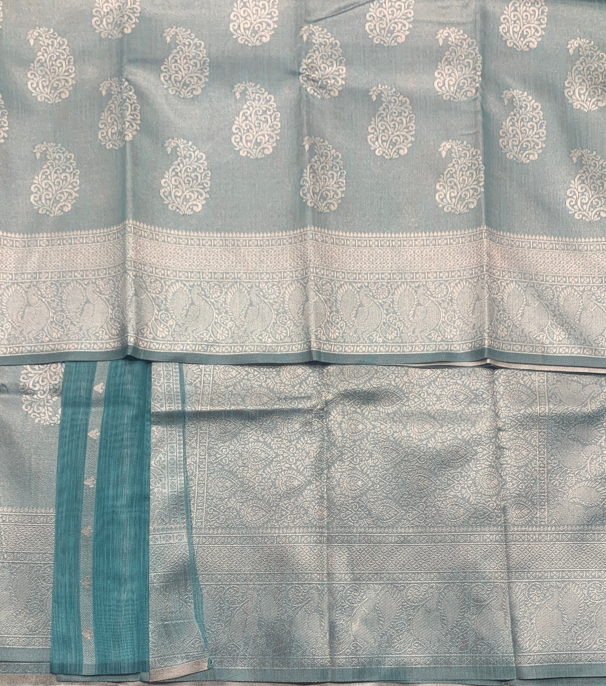 Semi Jute Silk Saree – Greyish Blue with Silver Zari Border