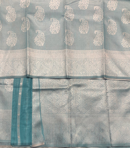 Semi Jute Silk Saree – Greyish Blue with Silver Zari Border