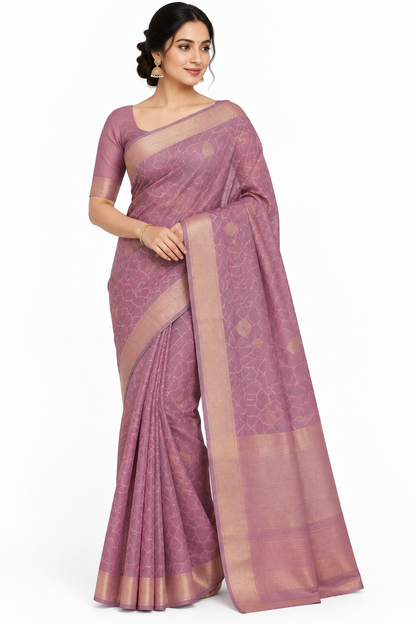 Pink Colour Jute Silk Saree with Leaf Butta and Zari Border