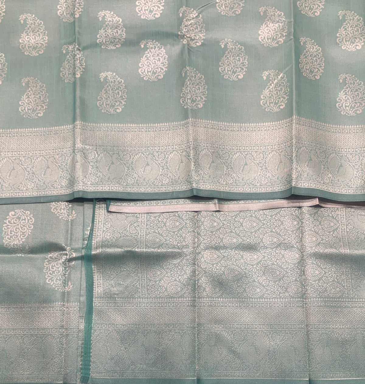 Sea Green Colour Semi Jute Silk Saree with Silver Zari Border