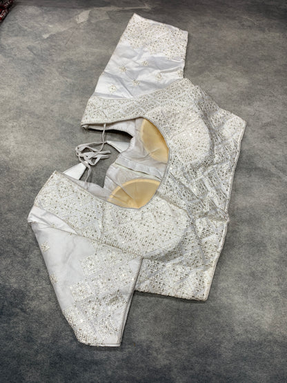 Ready-to-Wear Embroidered Silk Blouse - White (Silver Embroidery)