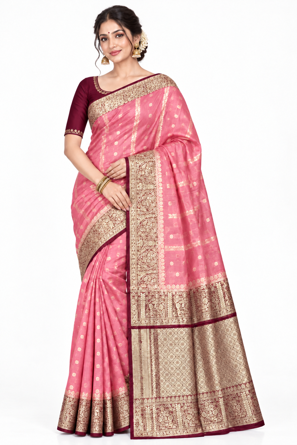 Onion Pink Colour Mysore Crepe Silk Saree with Brown Colour Border