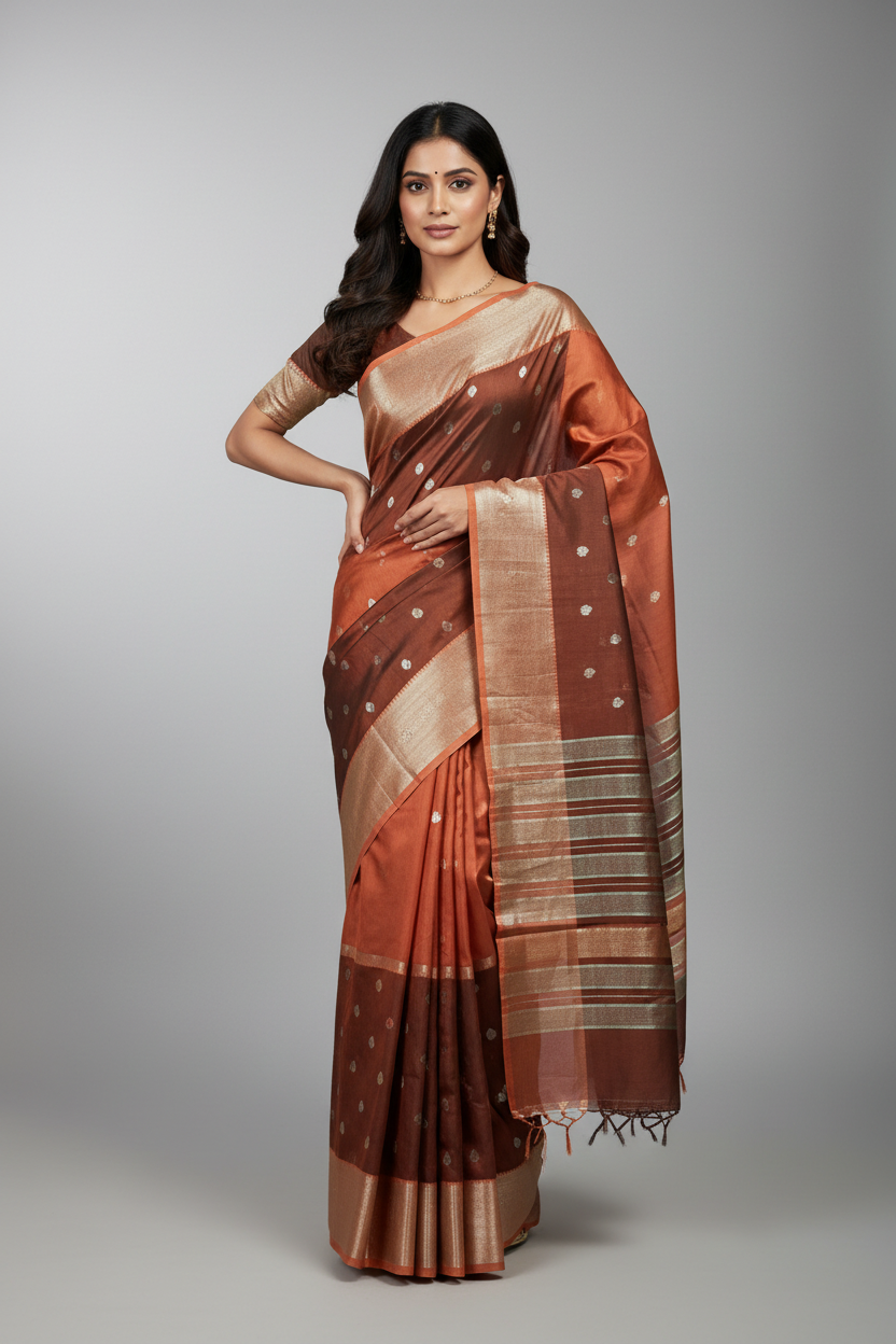 Semi Banarasi Saree Rust Orange Color with Zari Border