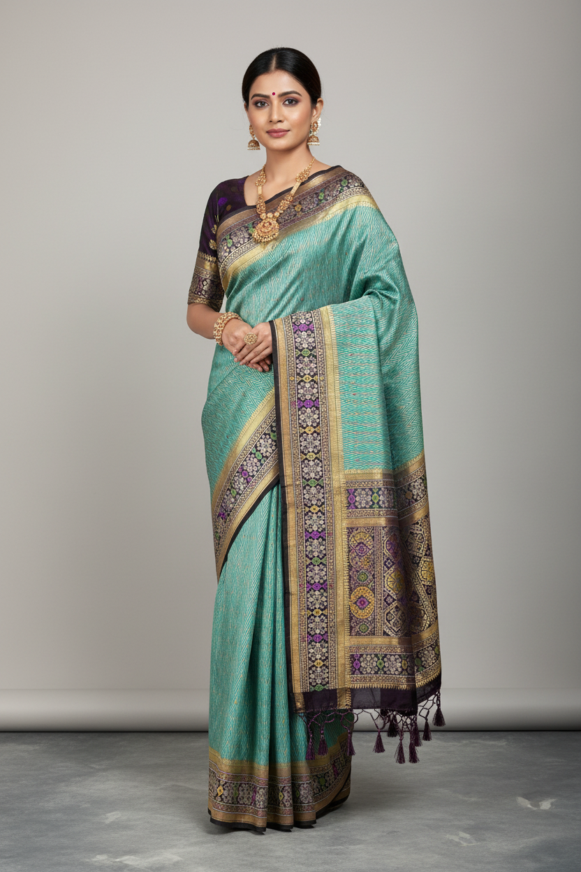 Sapphire Color Vegan Silk saree with Contrast Dark Magenta Color border