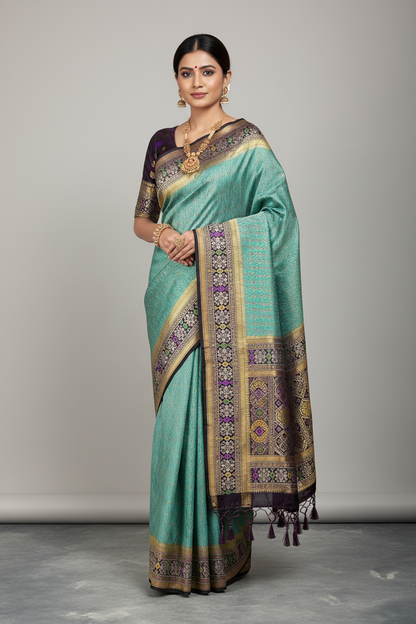 Sapphire Color Vegan Silk saree with Contrast Dark Magenta Color border
