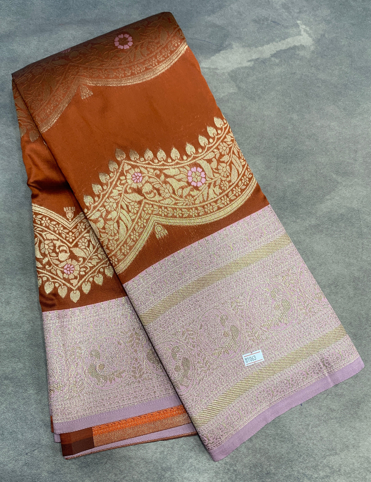 Brown Colour Satin Saree with Light Lavender Colour Ikat Border