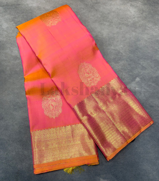 Orangish Pink Dual -Tone Pure Kanchivaram Silk Saree with Golden Zari  Border