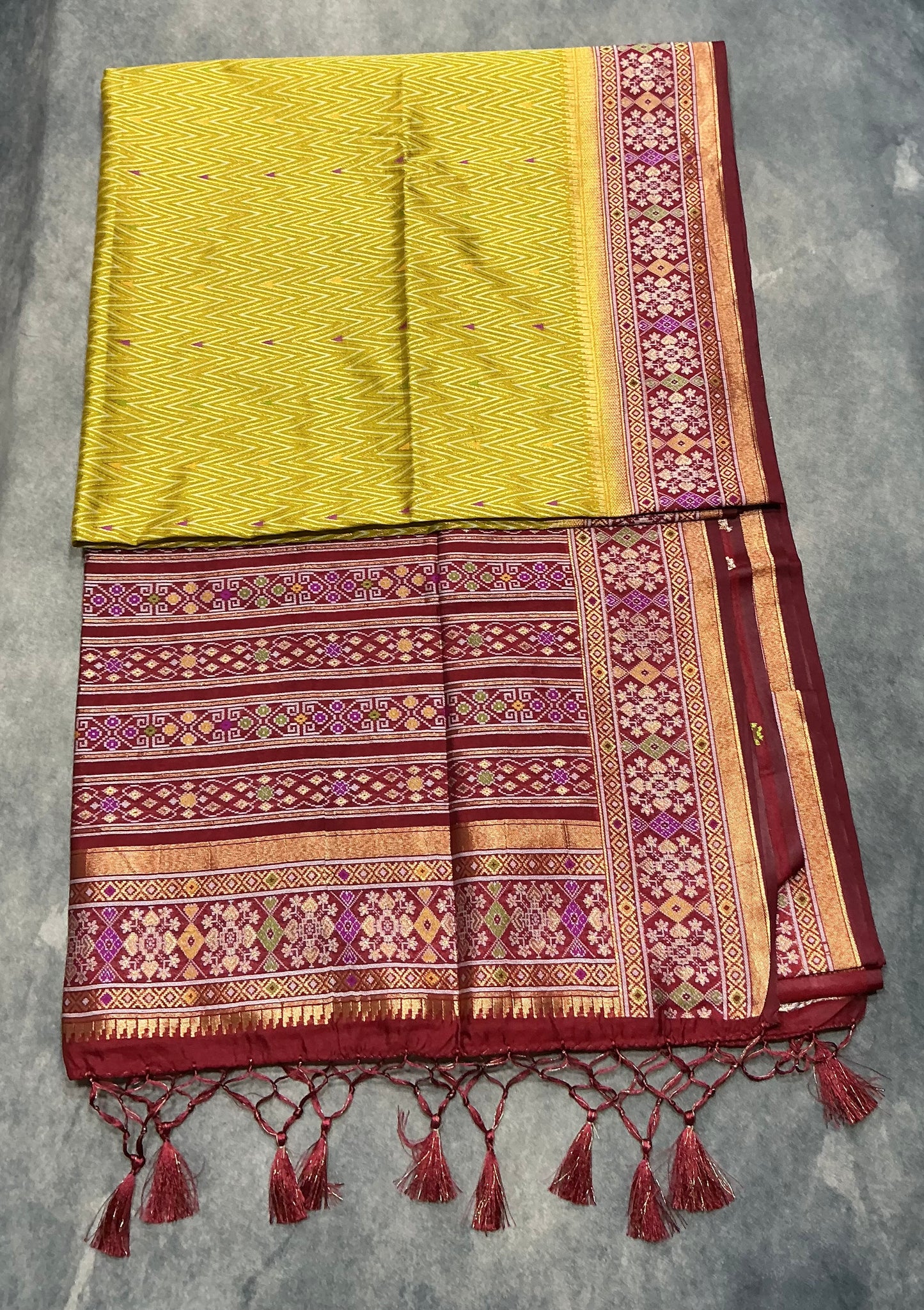 Mustard Ikat Saree with Contrast Purple Color border