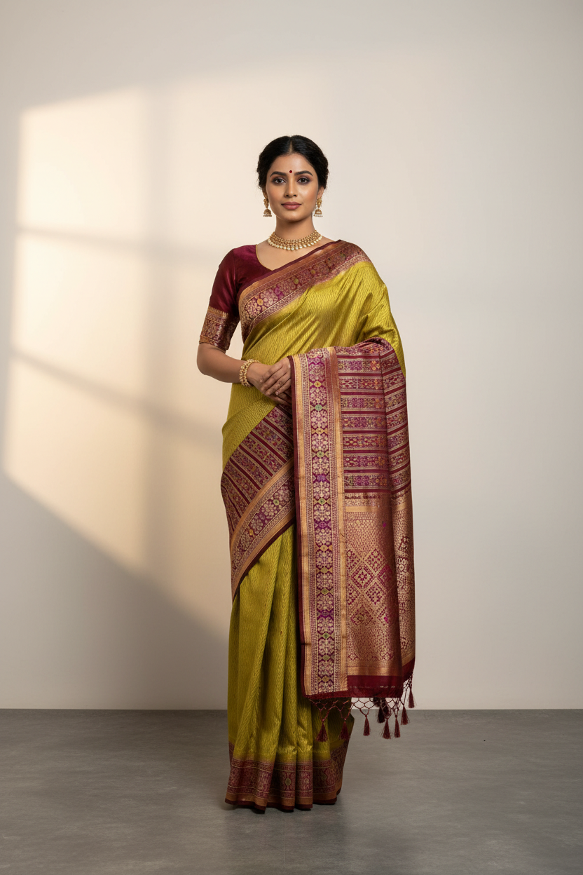 Mustard Ikat Saree with Contrast Purple Color border