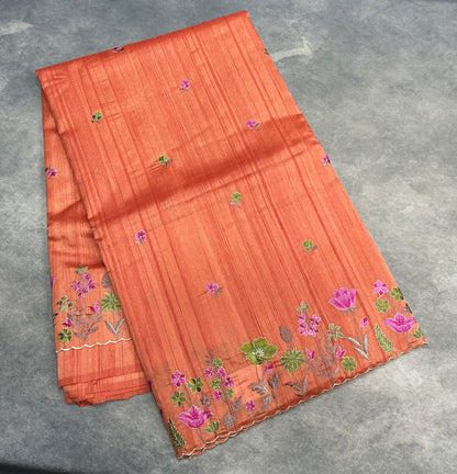 Orange Color Tussar Saree with Embroidered Border