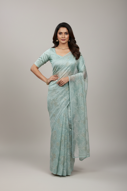 Mint Green Color Organza Saree