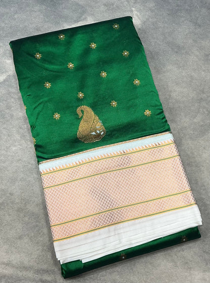 Emerald Green Vegan Silk Paithani Saree with Copper Zari