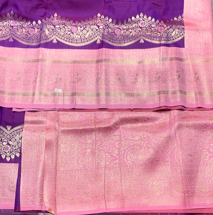 Purple Colour Satin Saree with Light Lavender Colour Ikat Border