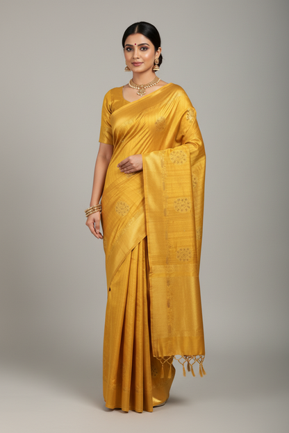 Mustard Yellow Tussar Saree with Cut Work Border