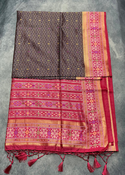 Dark Brown Shade Vegan Ikat Silk saree