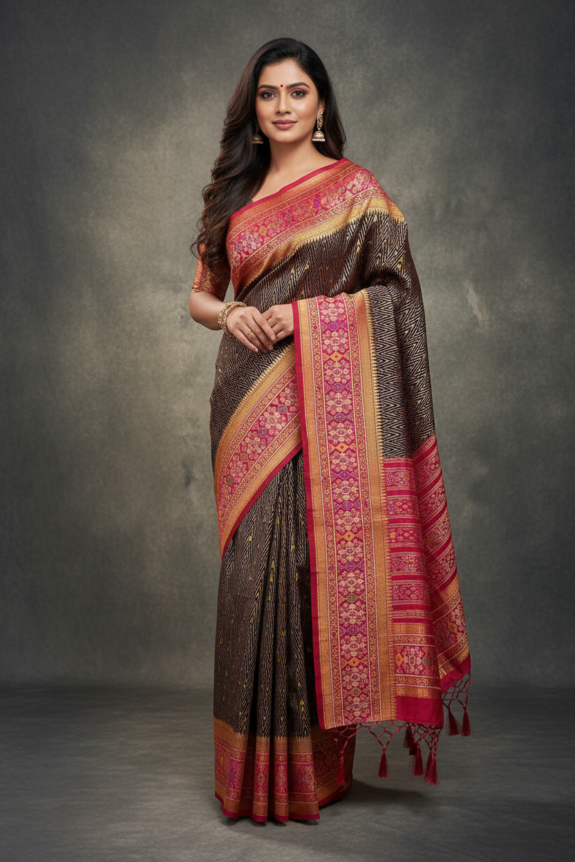 Dark Brown Shade Vegan Ikat Silk saree