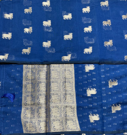 Silk Cotton Saree Ink Blue Colour with Kamadhenu Butta
