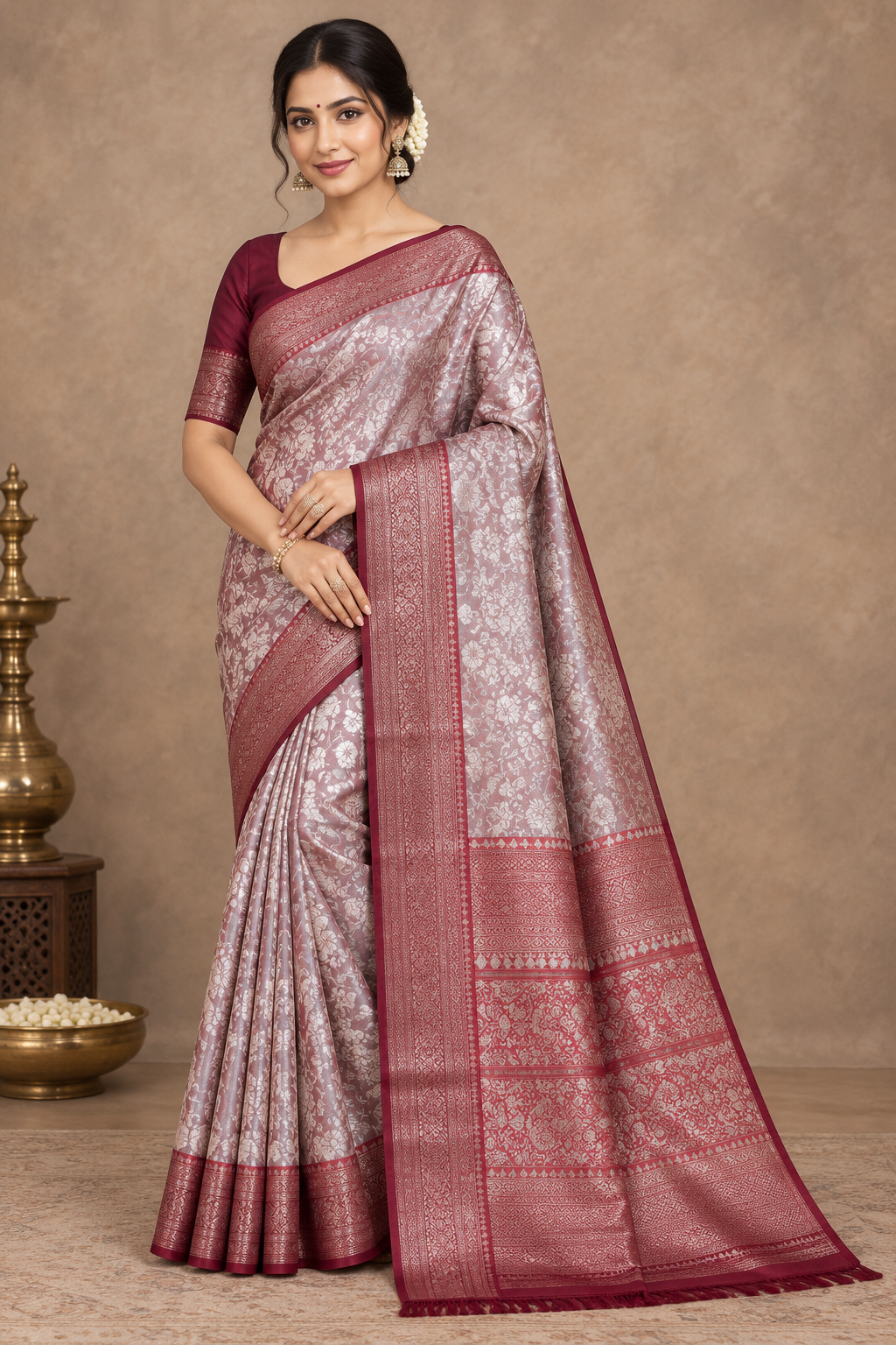 Maroon Colour Semi Silk Saree with Black Meenakari Work