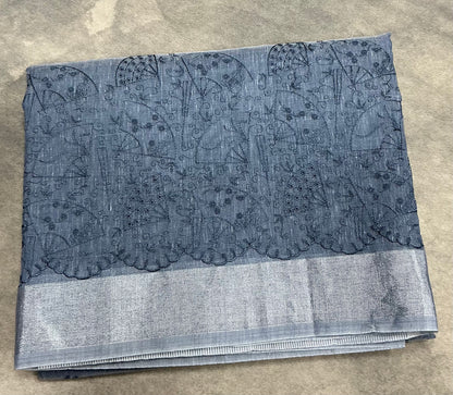 Silk Cotton Saree Greyish Blue Colour with Silver Zari Border