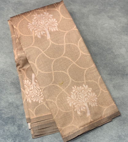 Biscuit Colour Jute Silk Saree with Balloon Butta, Borderless