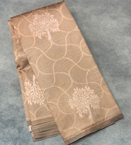 Biscuit Colour Jute Silk Saree with Balloon Butta, Borderless