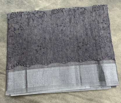 Silk Cotton Saree Gray Color with Silver Zari Border