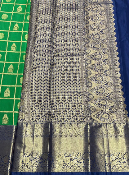 Emerald Green Kanjivaran Style Vegan Silk saree with Zari checks